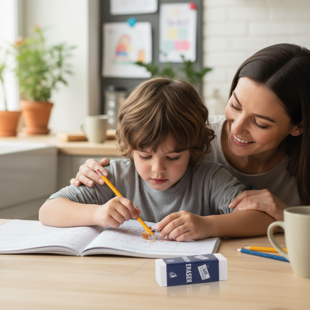 Parent and child doing homework together at a kitchen table, child sharpening a pencil with the sharpener and eraser set in focus