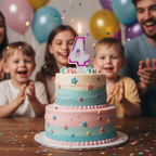 Lit pink glitter number 4 birthday candle on a decorated cake surrounded by balloons and confetti at a birthday celebration