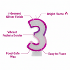 Premium feature infographic of pink glitter number 3 birthday candle with callout labels highlighting glitter finish, fuchsia border, food-safe wax, easy placement and bright flame