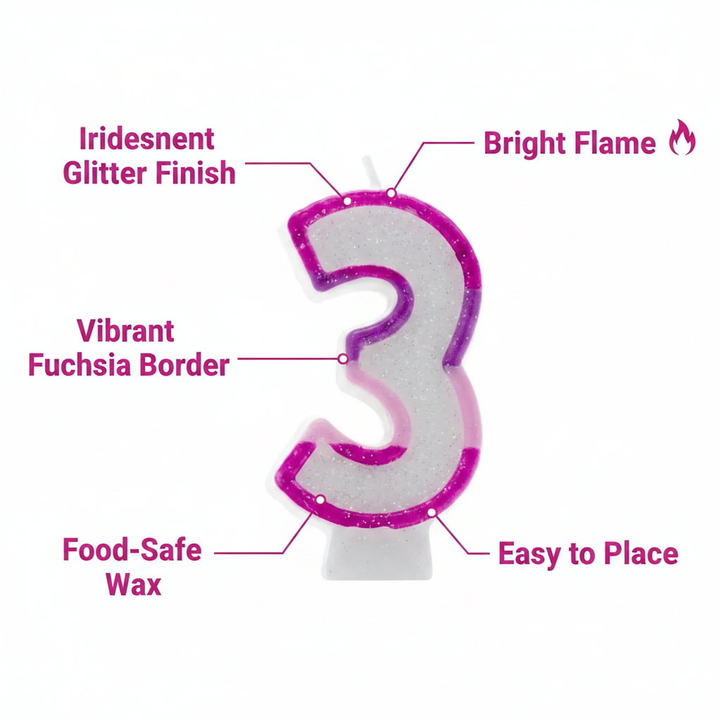 Premium feature infographic of pink glitter number 3 birthday candle with callout labels highlighting glitter finish, fuchsia border, food-safe wax, easy placement and bright flame