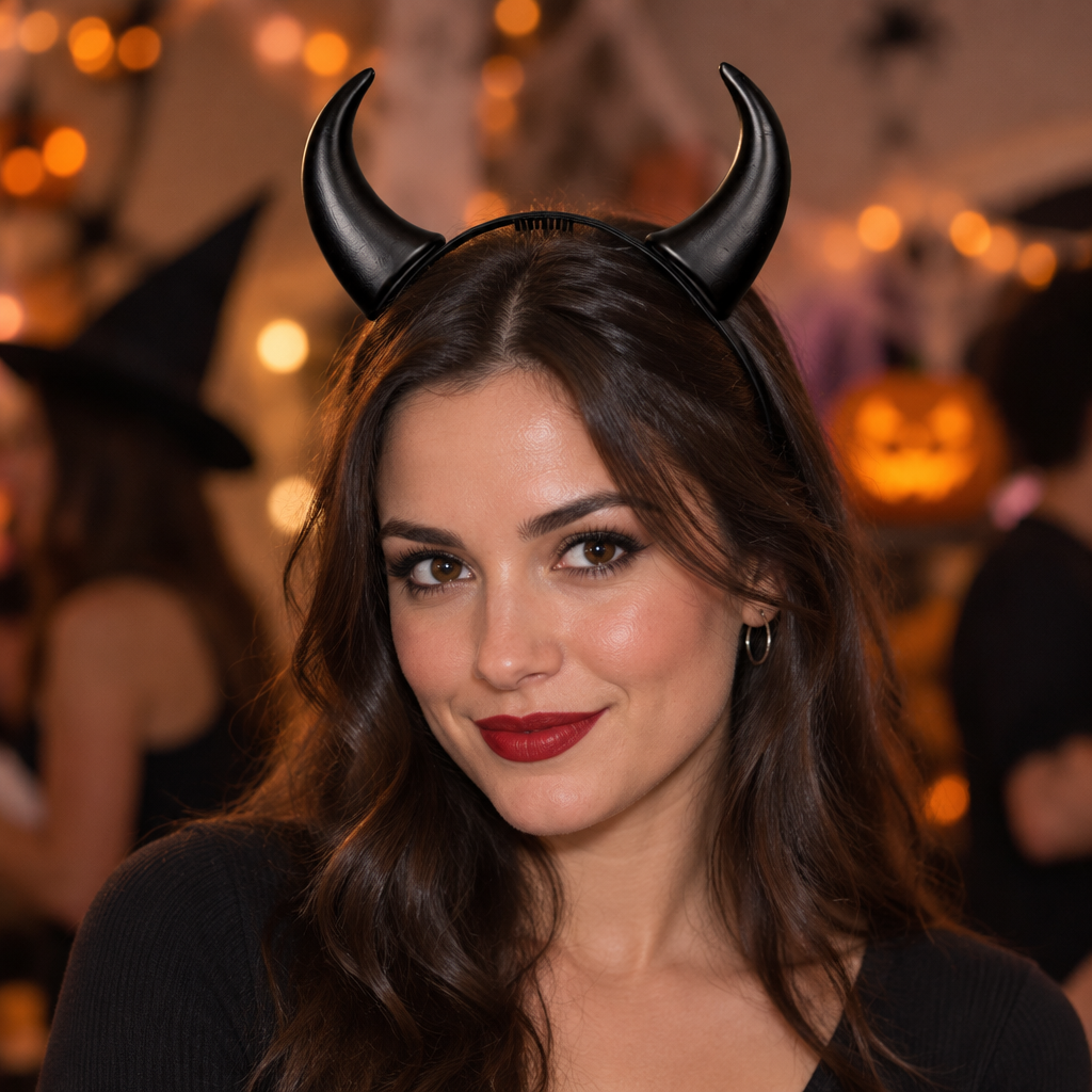 Adult wearing a black devil horns headband at a Halloween party