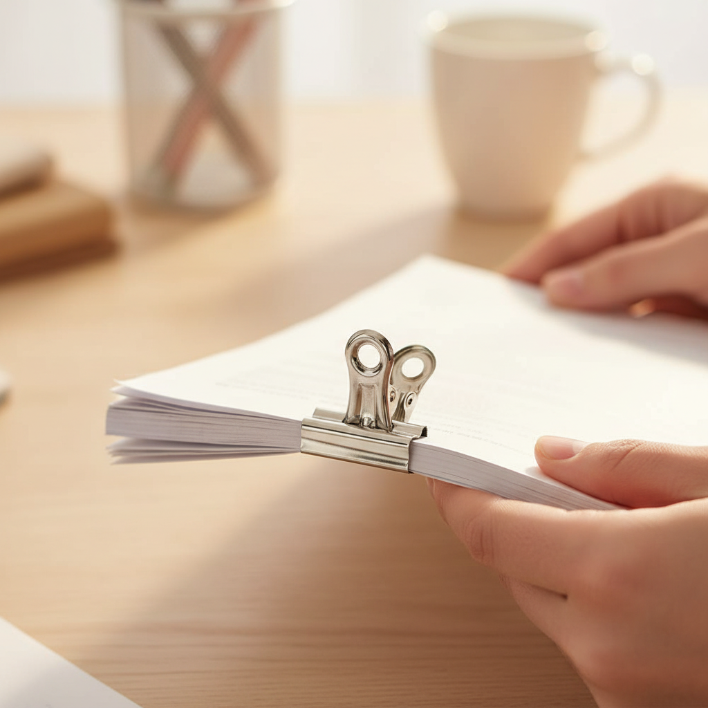 Person's hands clipping a Tiger Binder Clip 30mm onto a stack of papers - candid authentic moment with creamy bokeh background