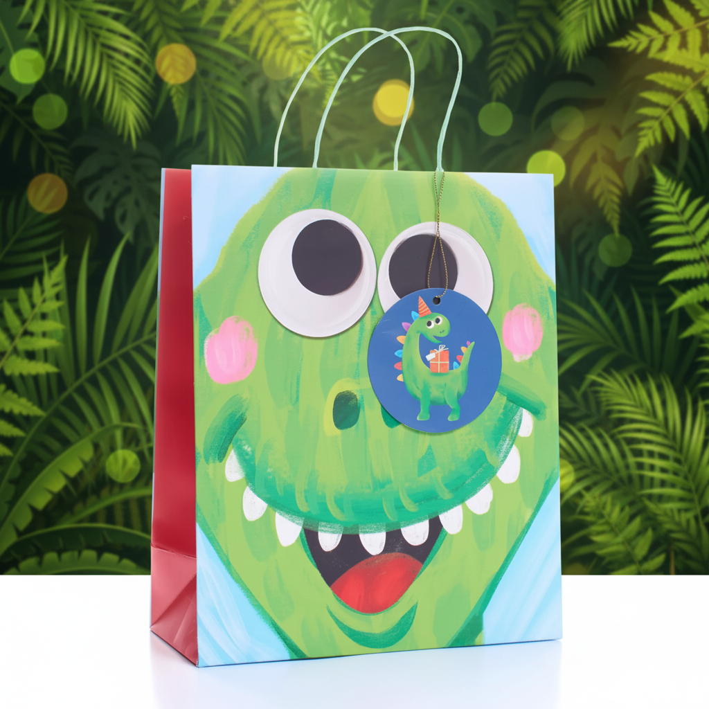 Kids dinosaur gift bag medium multi-coloured 9x7.5 inch product hero shot with jungle background