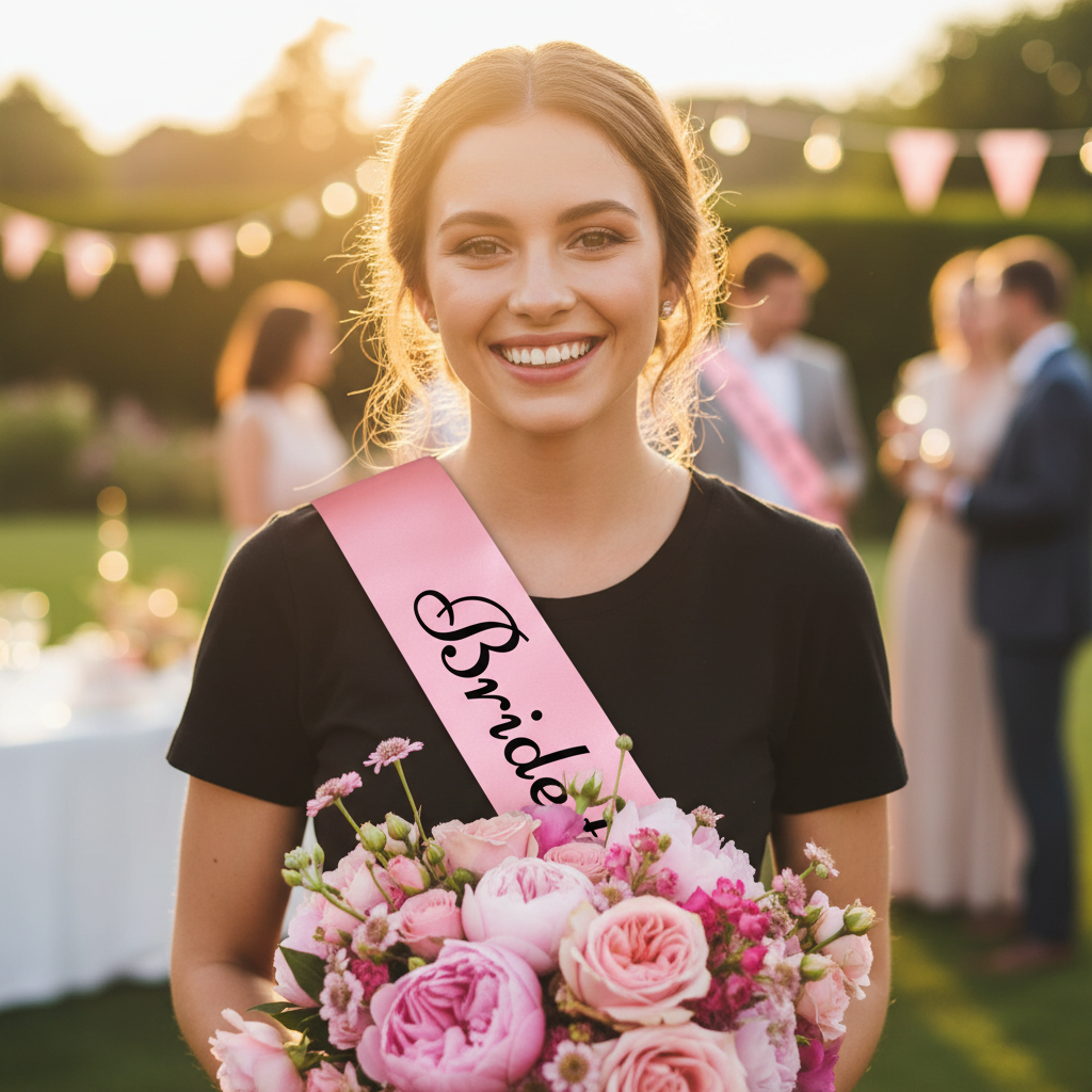 Bride to be wearing pink hen party sash holding flowers at outdoor garden celebration