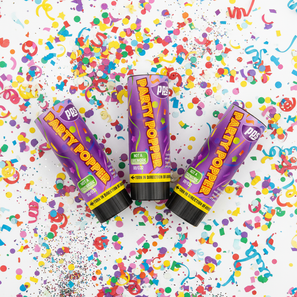 Colour Confetti Cannon Party Poppers 11cm - Flat Lay Fan Layout