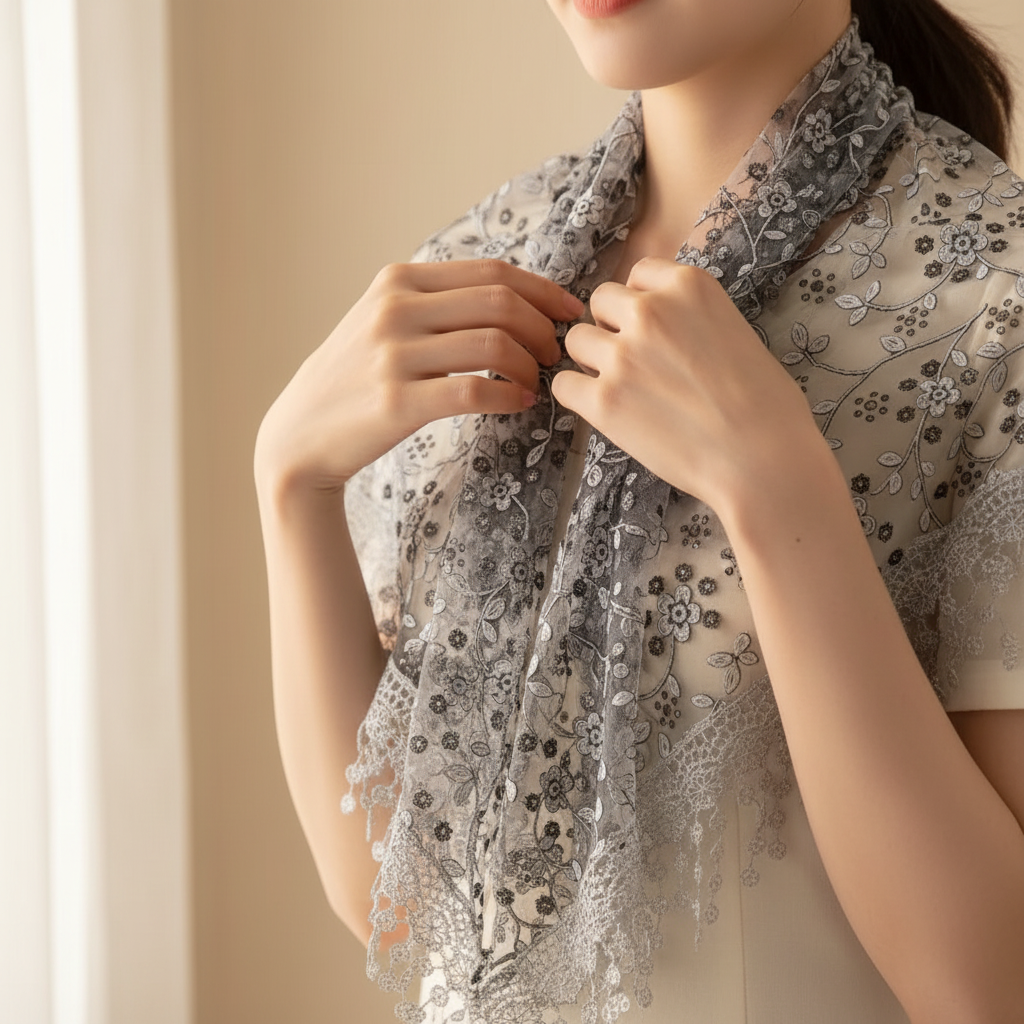 Close-up of grey triangle lace scarf showing intricate lace texture and delicate fabric craftsmanship