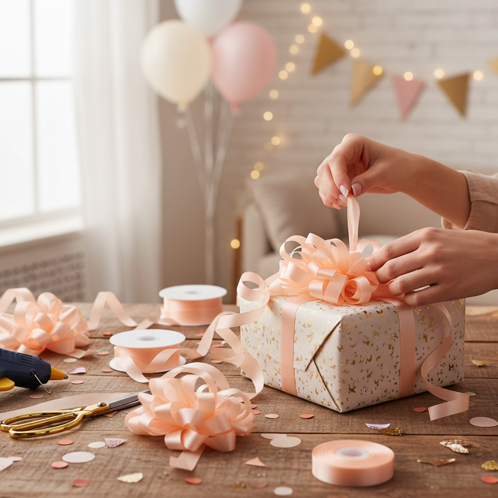 Person using peach ribbon to wrap beautiful gift - lifestyle image