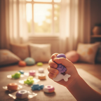 Child's hand squeezing a soft lavender squishy toy in warm golden hour light in a cosy playroom