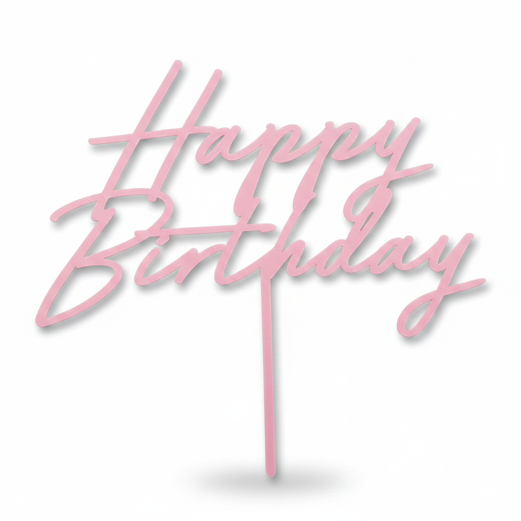 Light pink acrylic Happy Birthday cursive script cake topper on a white seamless background, showing the full topper with spike, flat matte finish and elegant letterform detail