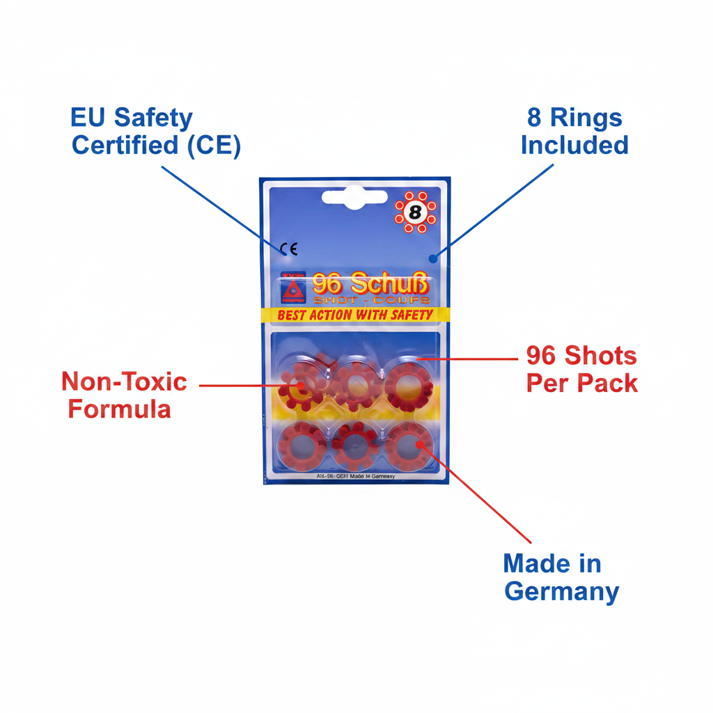 Sohni-Wicke cap gun rings feature infographic showing 8 rings, 96 shots, CE certified, non-toxic formula, Made in Germany callouts