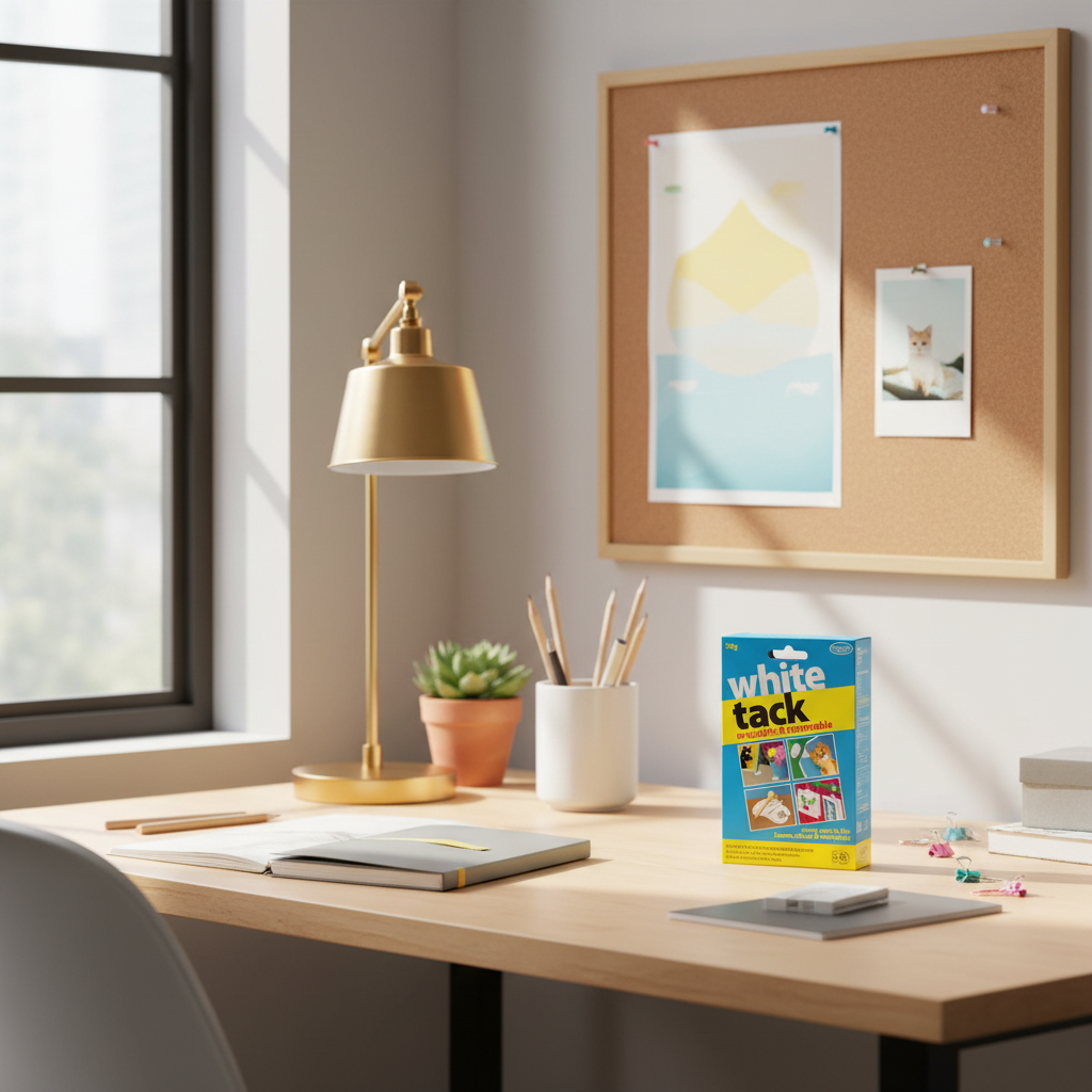 White Tack 50g County Stationery packaging on a tidy home office desk with natural window light