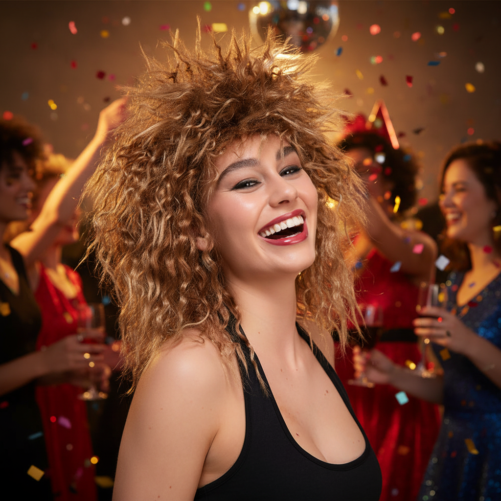 Woman wearing 80s Tina Brown Wig at fancy dress party, radiating joy and confidence