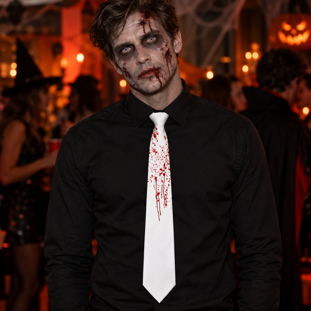 Man in zombie make-up wearing the blood stained white tie with a black shirt at a Halloween party