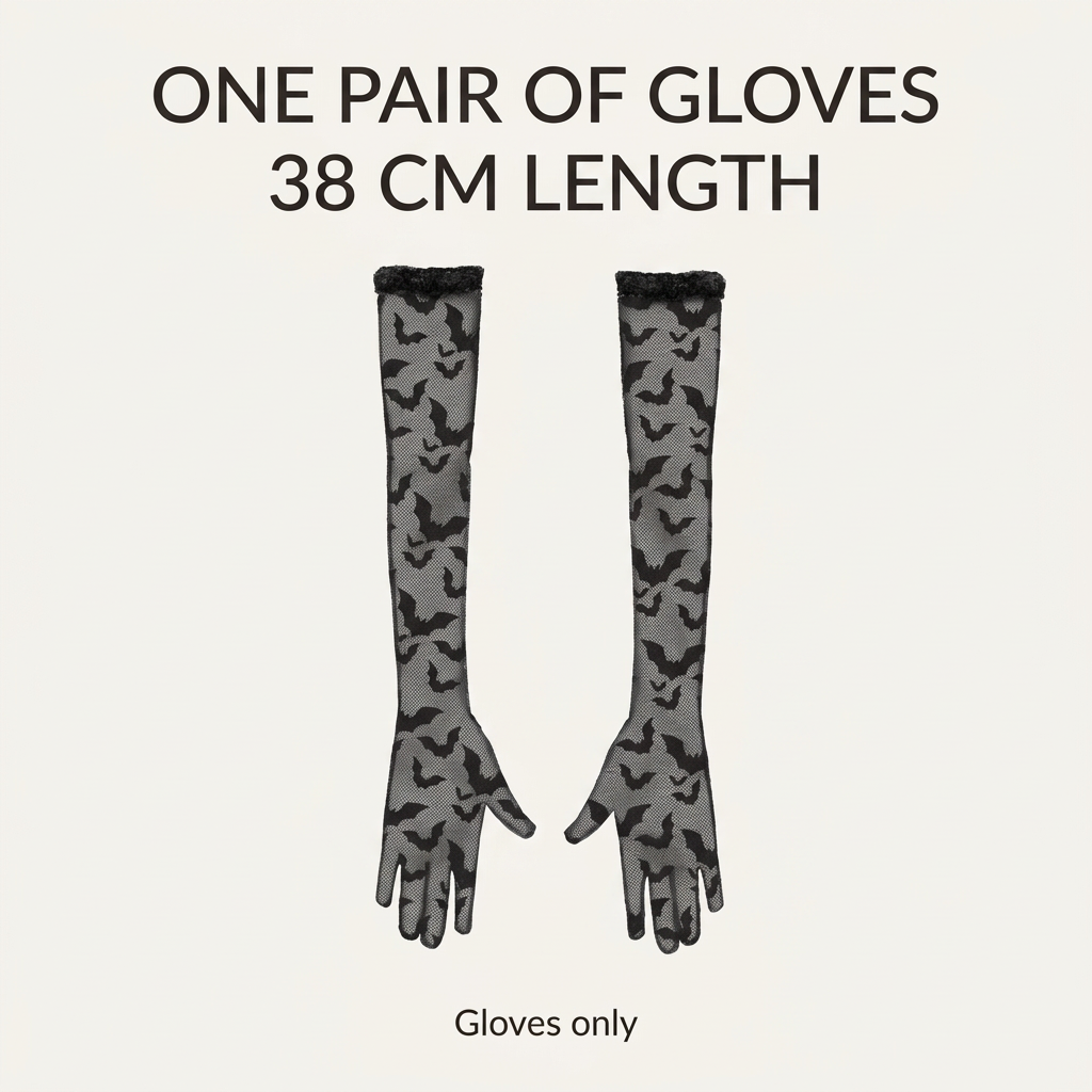 Pair of black bat lace gloves with one-pair and 38 cm length information.