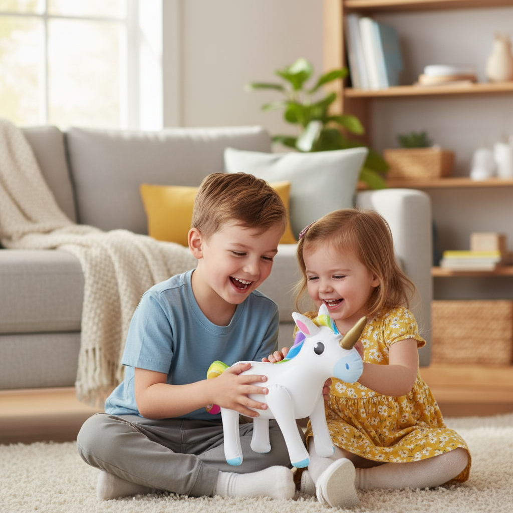 Two children playing indoors with an inflatable unicorn 53x35cm toy