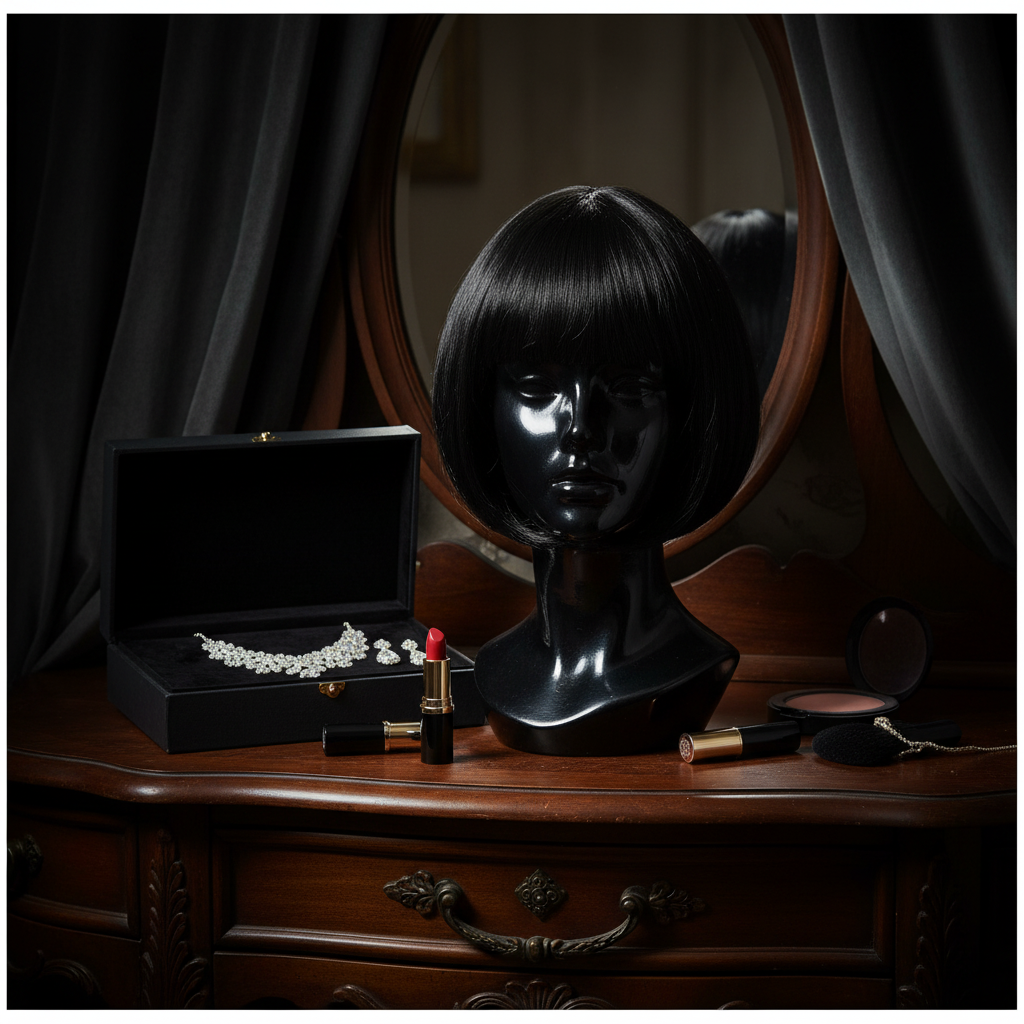 Sleek glossy black bob wig on dressing table with glamorous makeup and jewellery props