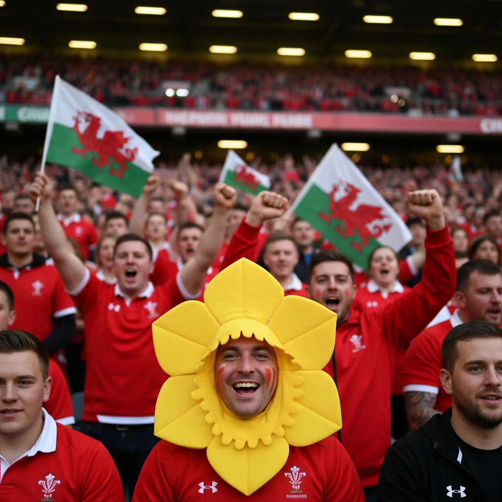 Welsh Daffodil Hat at rugby match with crowd of passionate Welsh fans