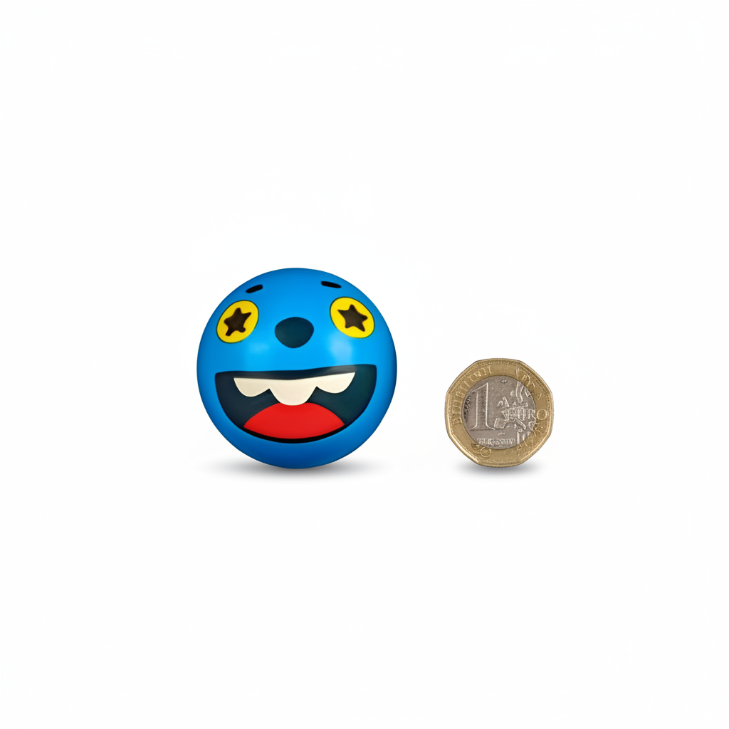 Monster squishy PU ball in blue placed beside a British £1 coin on white background to show 6.3cm size