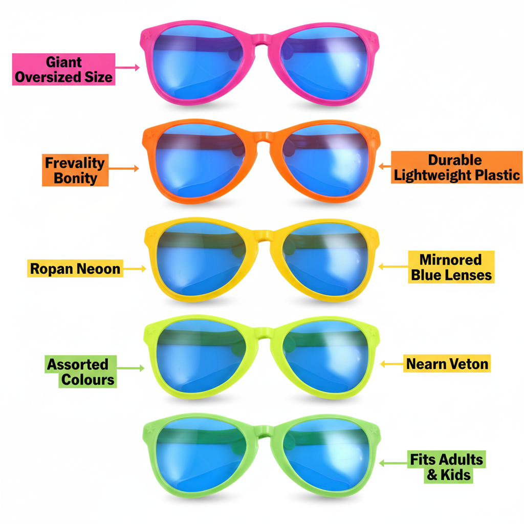 Giant clown neon glasses feature infographic showing oversized size, durable plastic, mirrored lenses and assorted colours