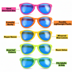 Giant clown neon glasses feature infographic showing oversized size, durable plastic, mirrored lenses and assorted colours