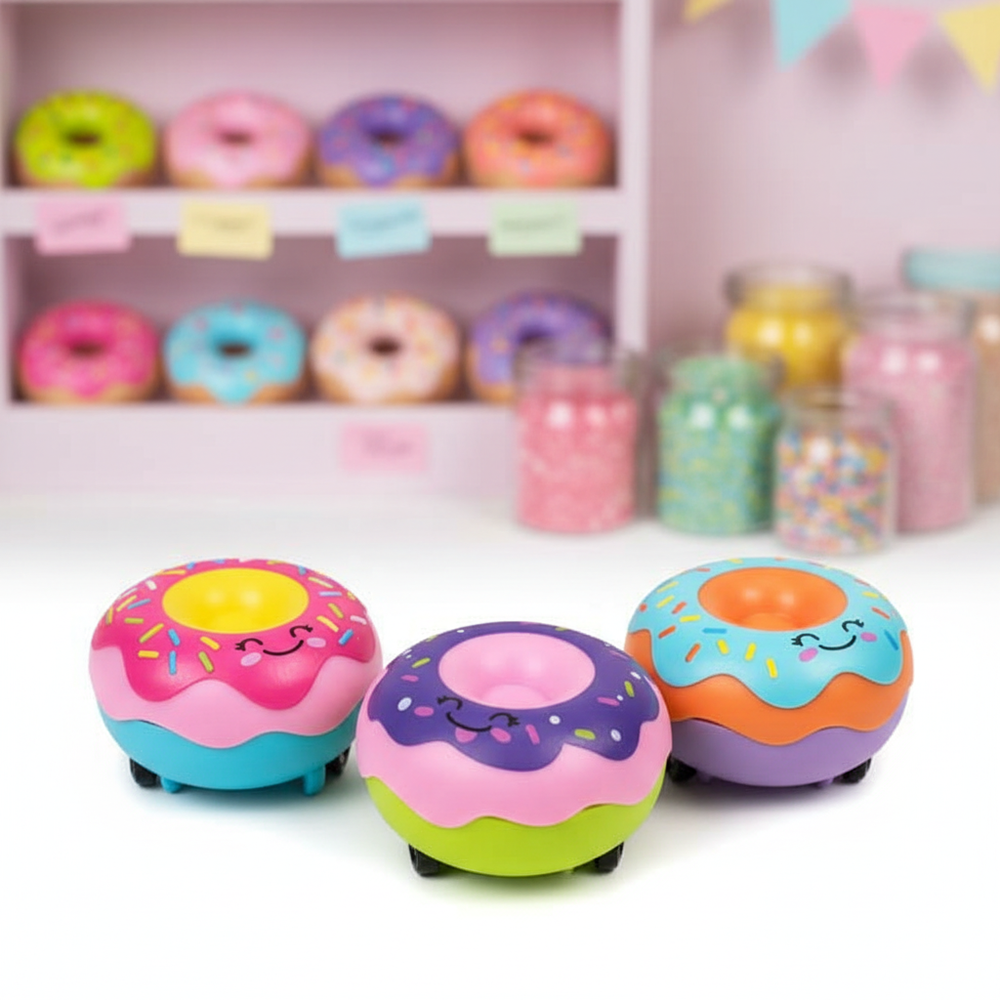 Pull Back And Go Donut toy cars assorted colours on colourful bakery background
