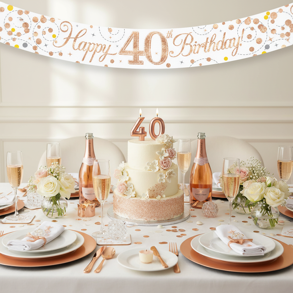 Elegant 40th birthday party table setup with Sparkling Fizz banner and rose gold decorations