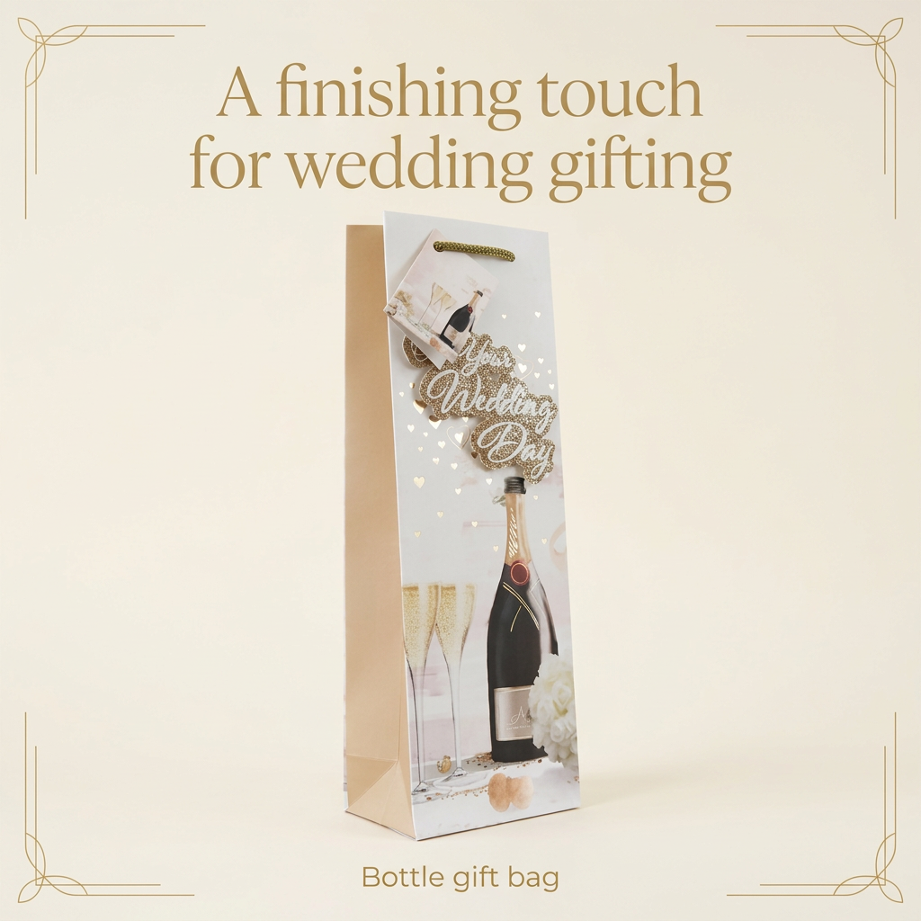 White and gold wedding bottle gift bag on an ivory background with wedding gifting caption