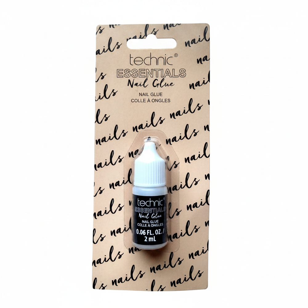 Technic Essentials Clear False Nail Glue 2ml in blister pack — studio hero shot on pure white background showing black bottle with white cap and sandy kraft card packaging