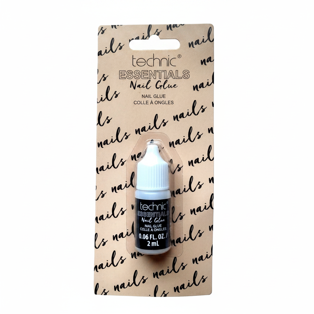 Technic Essentials Clear False Nail Glue 2ml in blister pack — studio hero shot on pure white background showing black bottle with white cap and sandy kraft card packaging