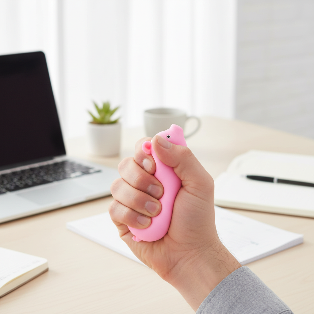 Adult using stretchy pig stress reliever on office desk - workplace stress relief
