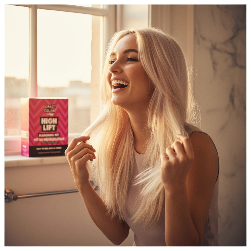 Woman with luminous platinum blonde hair laughing in golden hour light after using Crazy Color High Lift Bleaching Kit, embodying confidence and transformation