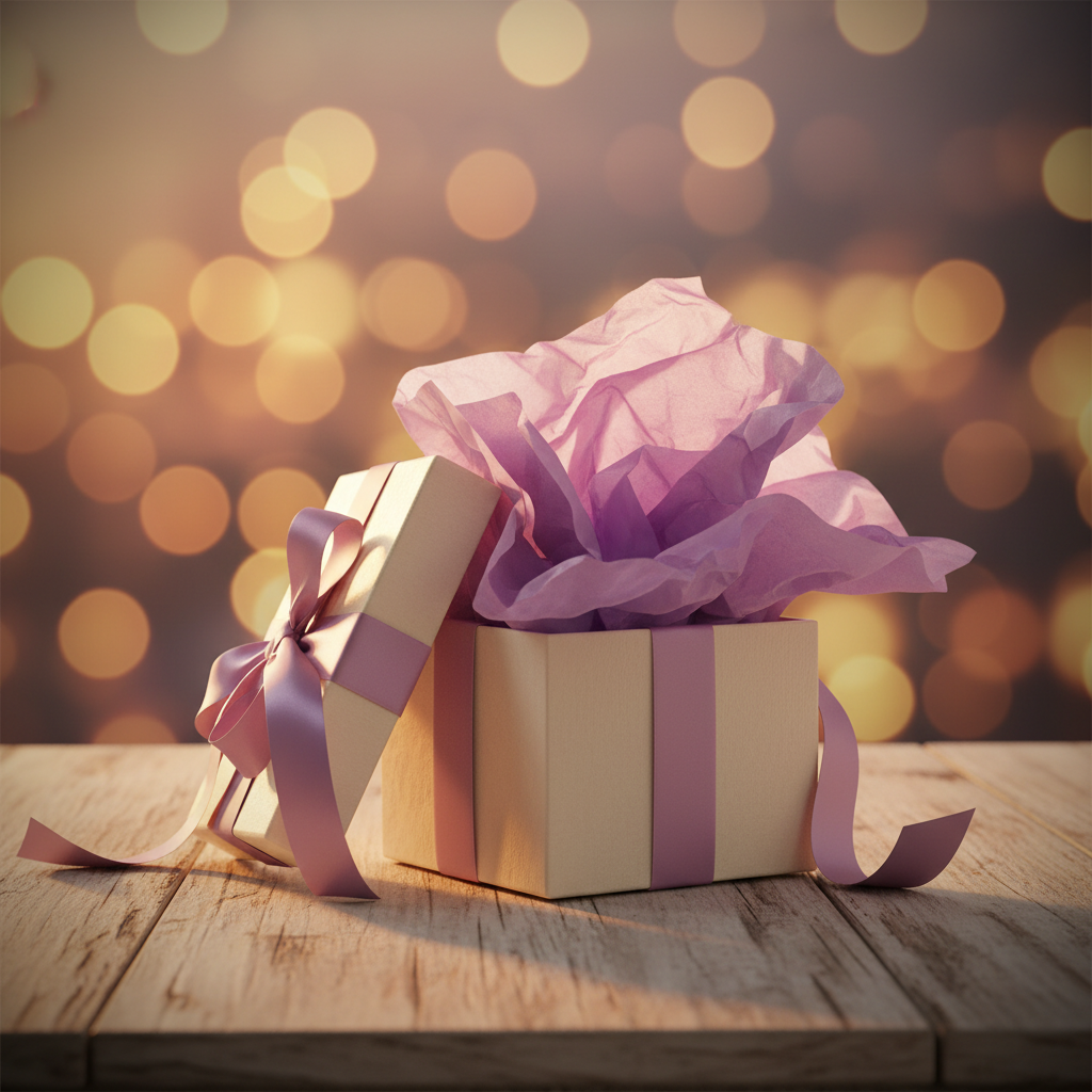 Gift box overflowing with purple tissue paper in warm golden hour light, celebration lifestyle