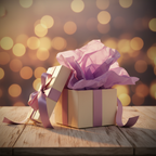 Gift box overflowing with purple tissue paper in warm golden hour light, celebration lifestyle