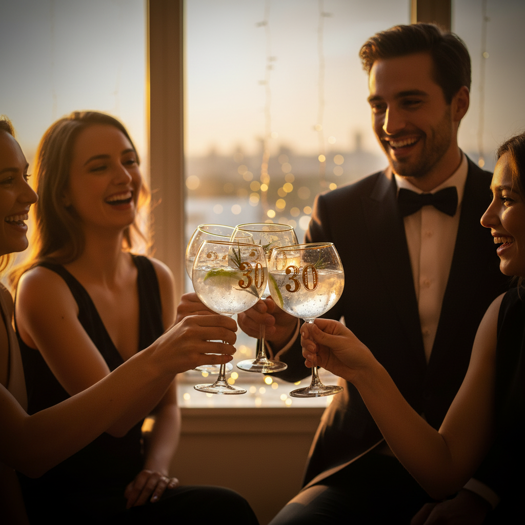 Friends clinking Art Deco 30th Birthday Gin Glasses in a birthday toast, golden hour light with fairy light bokeh