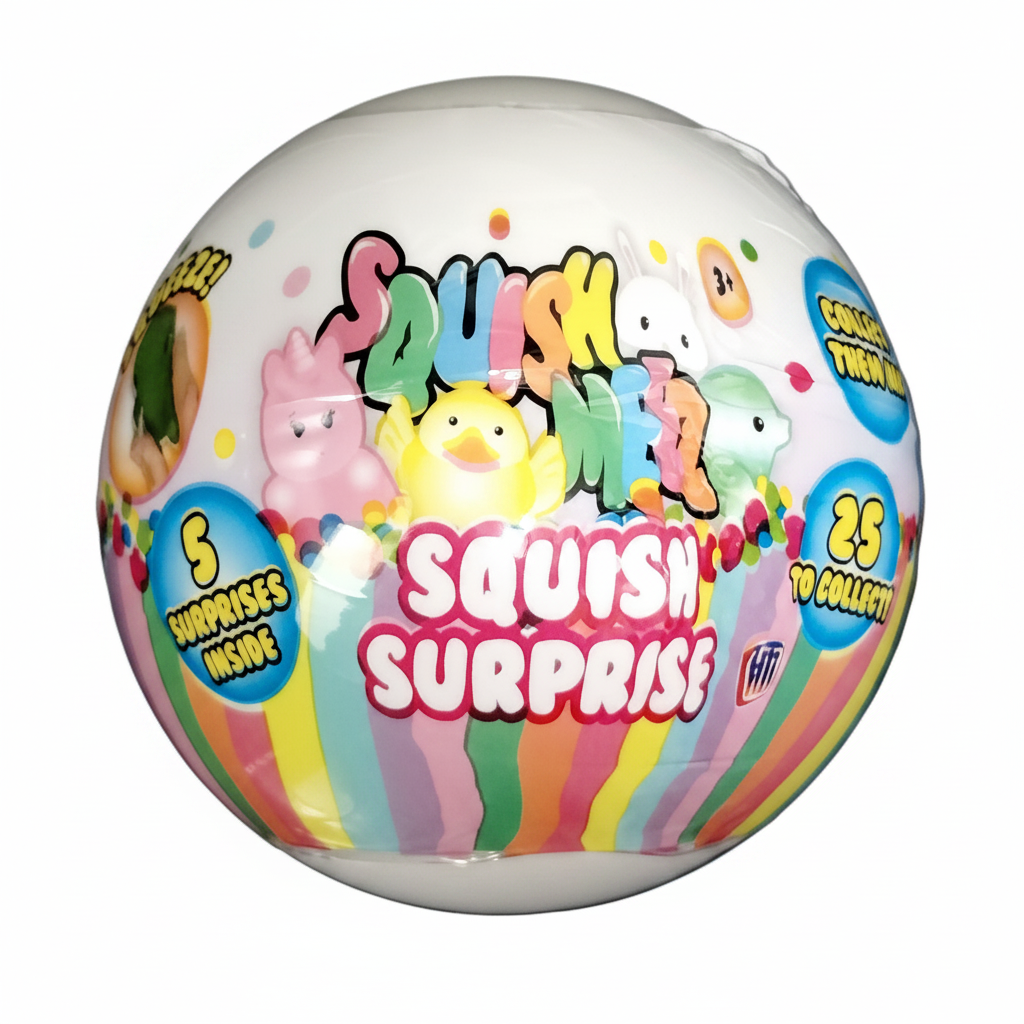 HTI Squish Surprise Ball on pure white background, product centred, studio lighting, Amazon and eBay compliant hero shot