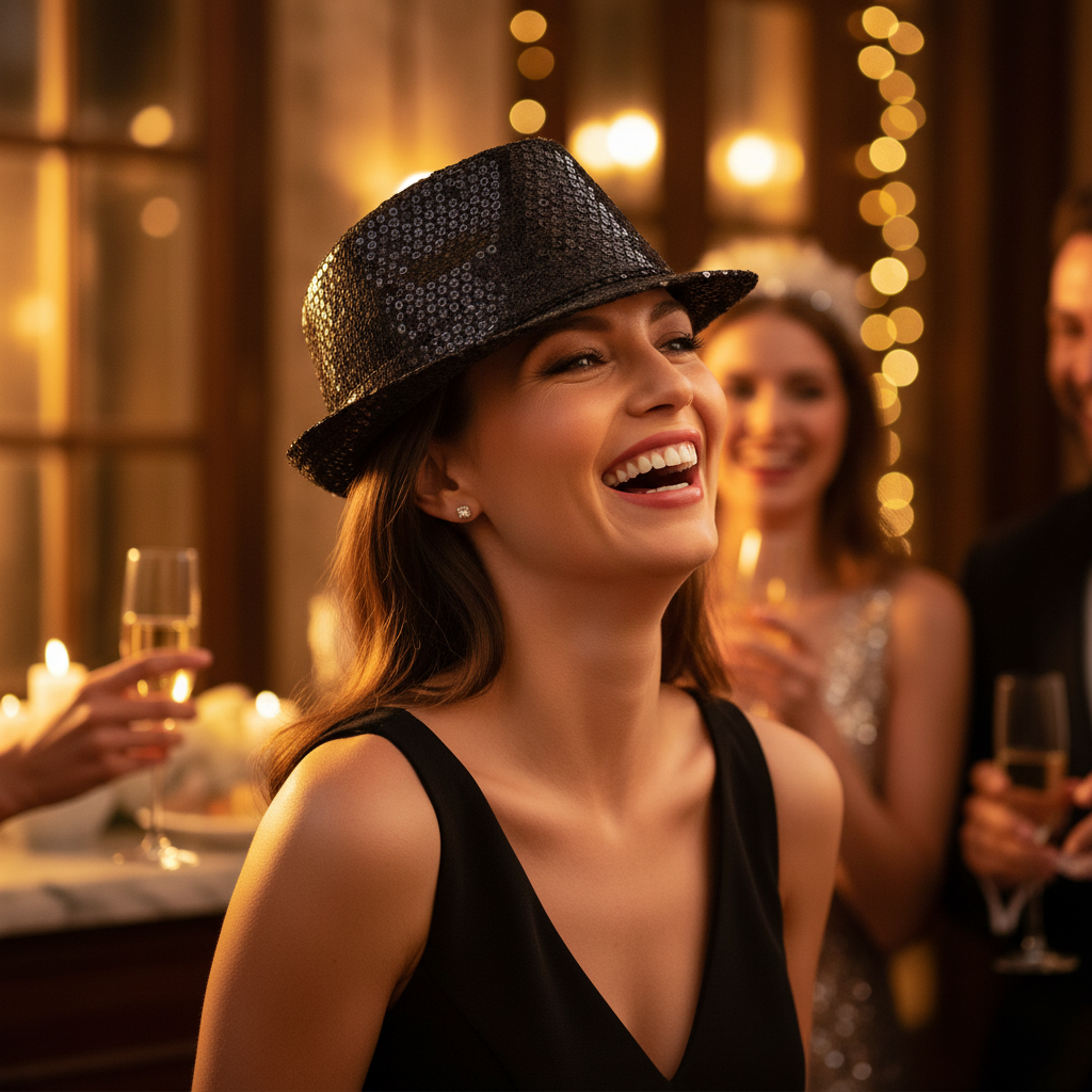 Woman wearing Black Sequin Trilby Hat at an elegant evening party, sequins catching warm ambient light