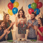 Happy woman receiving a black multi-coloured Happy Birthday gift bag at a birthday party with friends