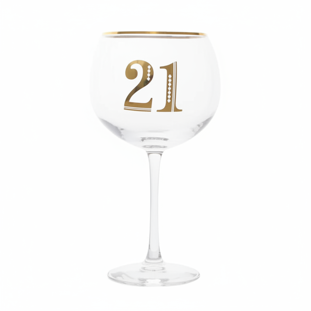 Art Deco 21st Birthday Gin Glass on pure white background, centred studio shot showing gold Art Deco 21 detailing