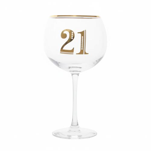 Art Deco 21st Birthday Gin Glass on pure white background, centred studio shot showing gold Art Deco 21 detailing