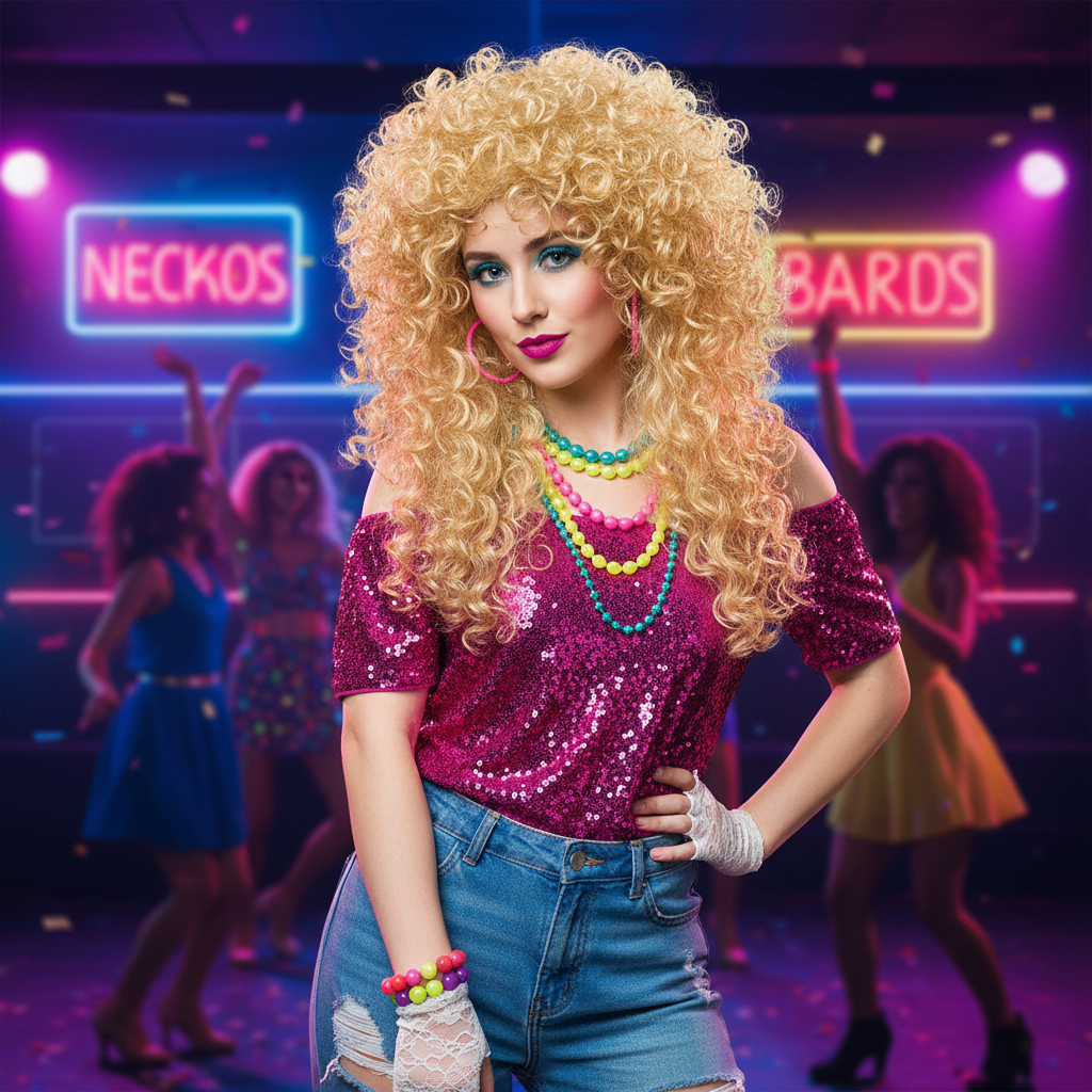 Woman wearing long blonde curly wig in 80s pop star outfit at a neon-lit themed party