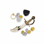 Pirate cutlass fancy dress set flat lay - sword, earring, eyepatch and coins on white background