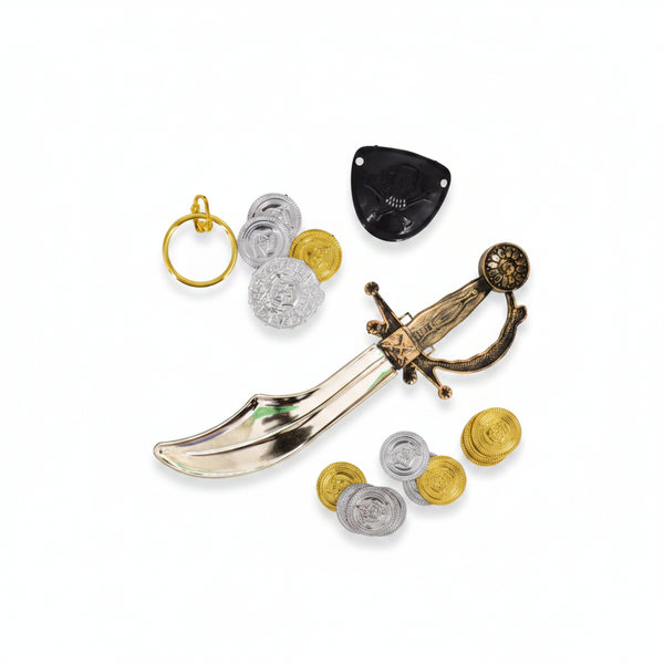 Pirate cutlass fancy dress set flat lay - sword, earring, eyepatch and coins on white background
