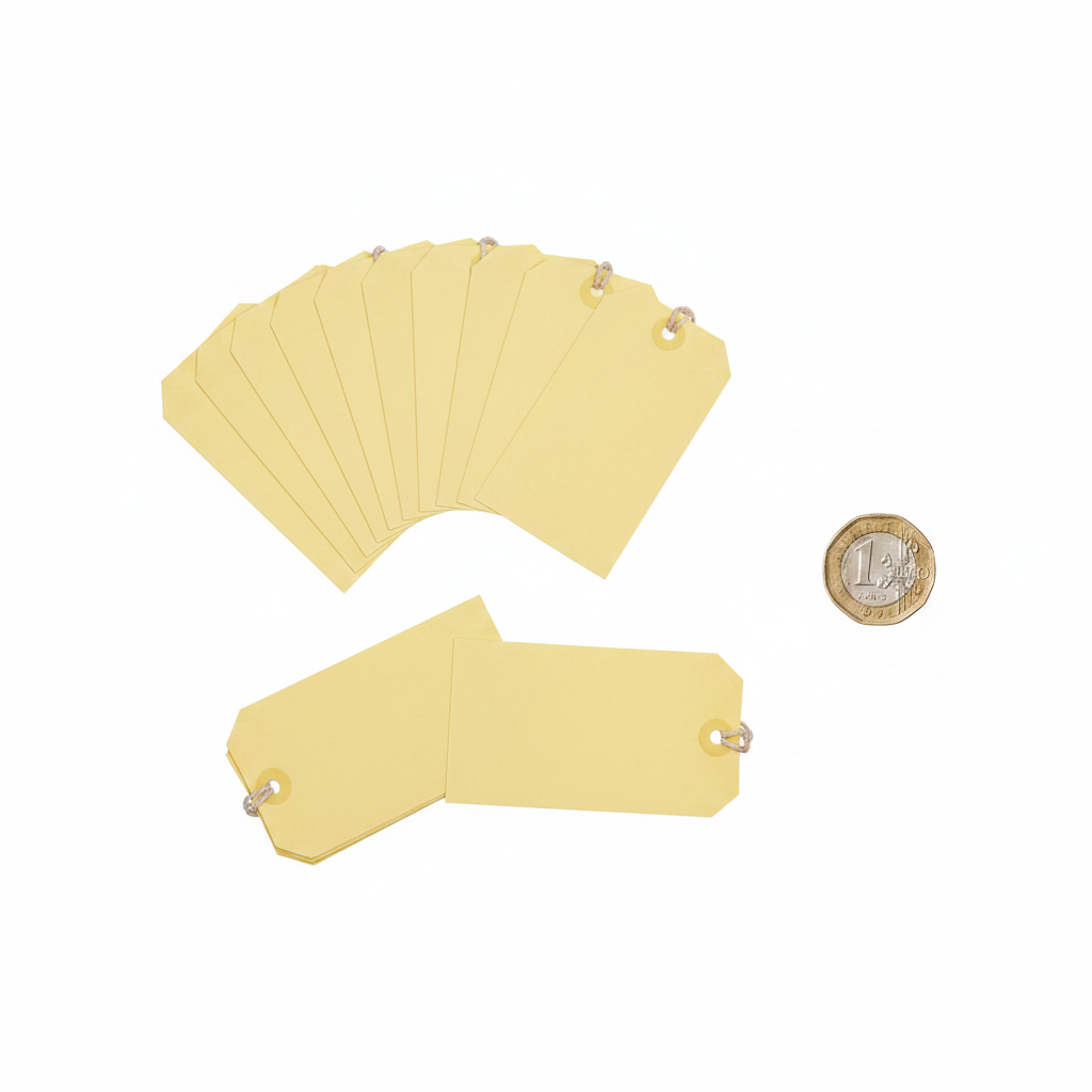 Flat lay of 10 pale yellow manilla tie-on luggage labels spread out beside a £1 coin to show 60mm x 120mm size, white background