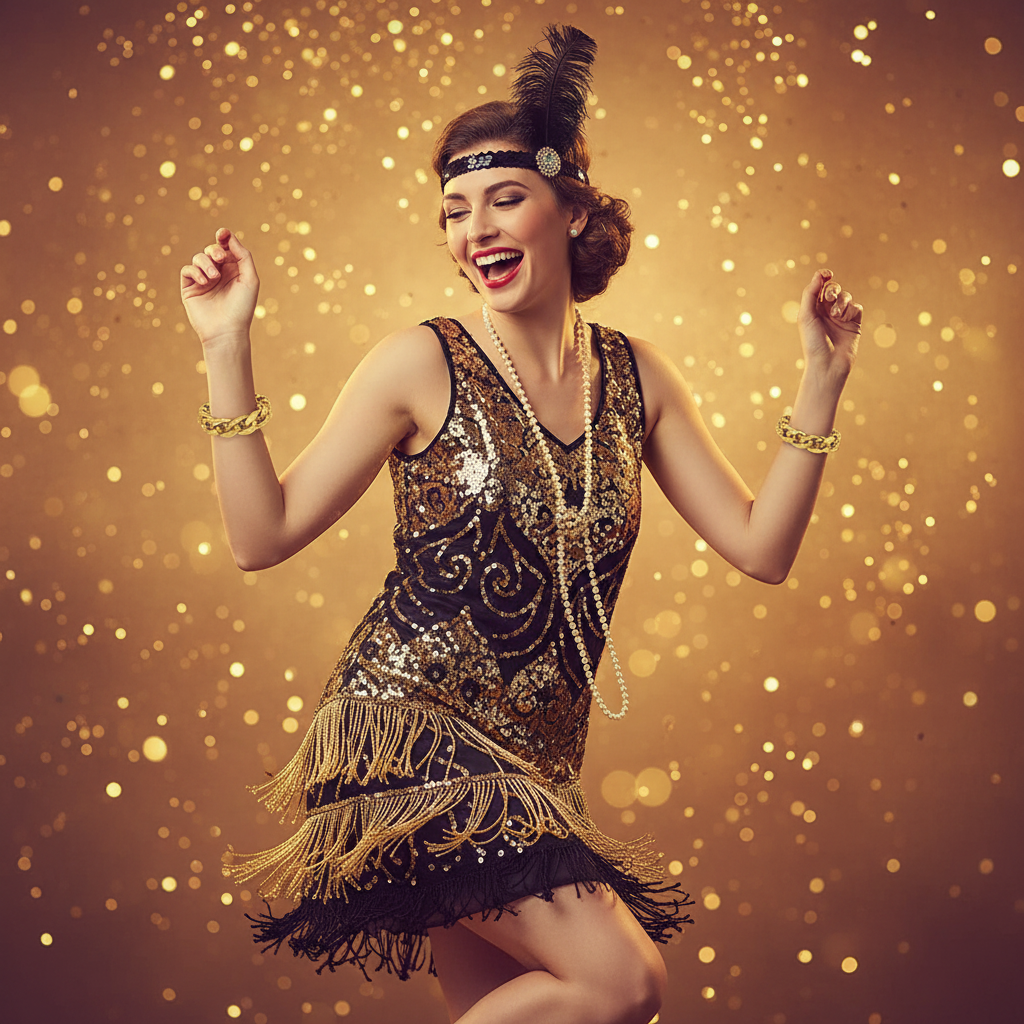 Woman in flapper fancy dress costume wearing gold gangster bracelets at costume party - Why Not Shop