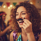Person laughing while applying a black fancy dress moustache at a party – fun candid moment with bokeh background