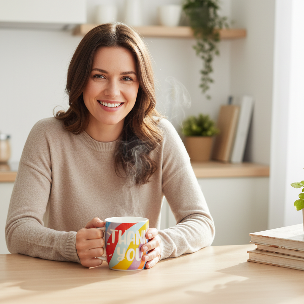 Woman smiling and holding a Gift Mug Thank You with both hands at a bright kitchen table
