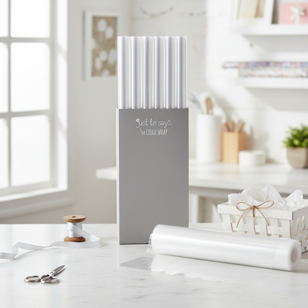 Crystal-clear cellophane wrap 5M roll on a marble countertop in a bright home gift-wrapping station