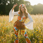 Woman in Adults Flower Hippie Costume making peace sign in sunlit park — retro 60s hippie fancy dress