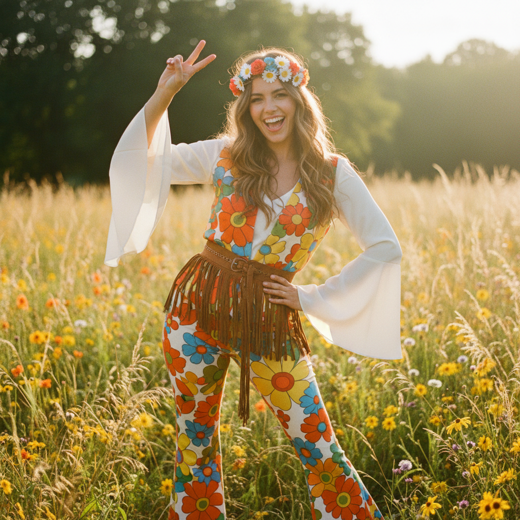 Woman in Adults Flower Hippie Costume making peace sign in sunlit park — retro 60s hippie fancy dress