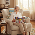 Elderly woman with reading glasses enjoying a Large Print Wordsearch Book in her armchair